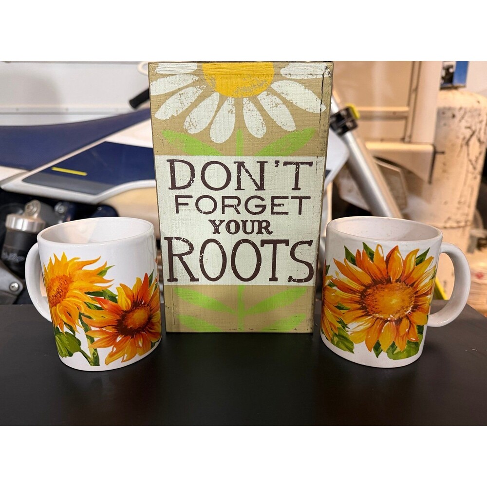 Sunflower Kitchen Décor Set – 2 Ceramic Mugs & “Don’t Forget Your Roots” Sign